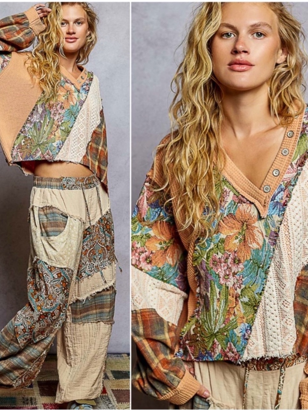 POL Patchwork V-Neck Pullover in Camel & Floral